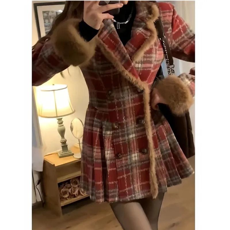 Classic Womens Plaid Wool Coat Double Breasted Loose Fit Autumn Winter Jacket