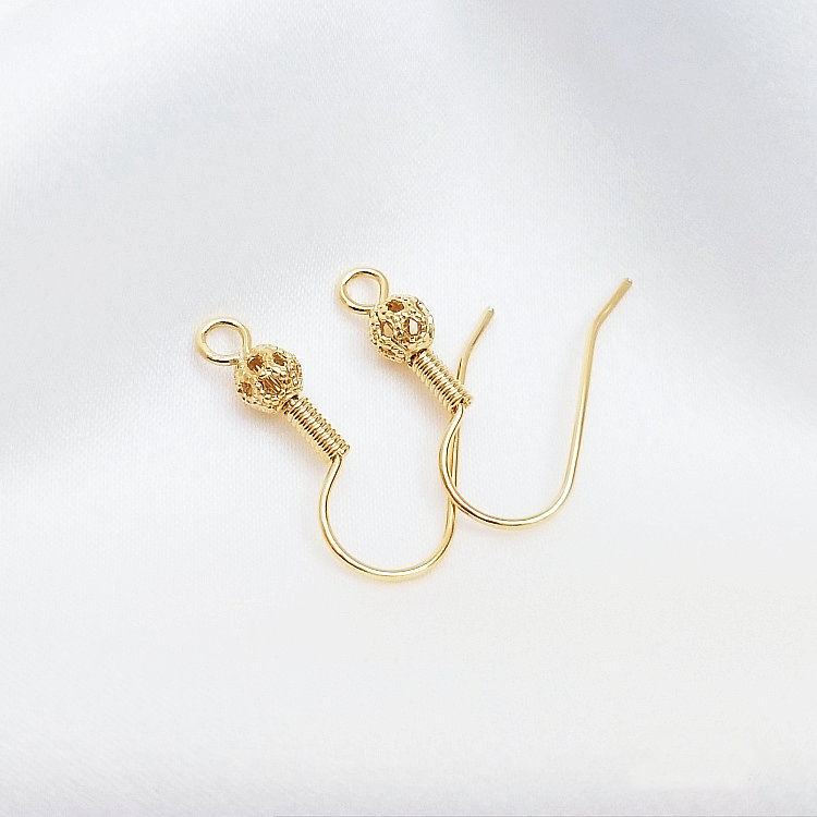 Wholesale 14K Gold-Plated Earring Hooks: 20PCS DIY Thick Flower Ball Spring Earwire Findings