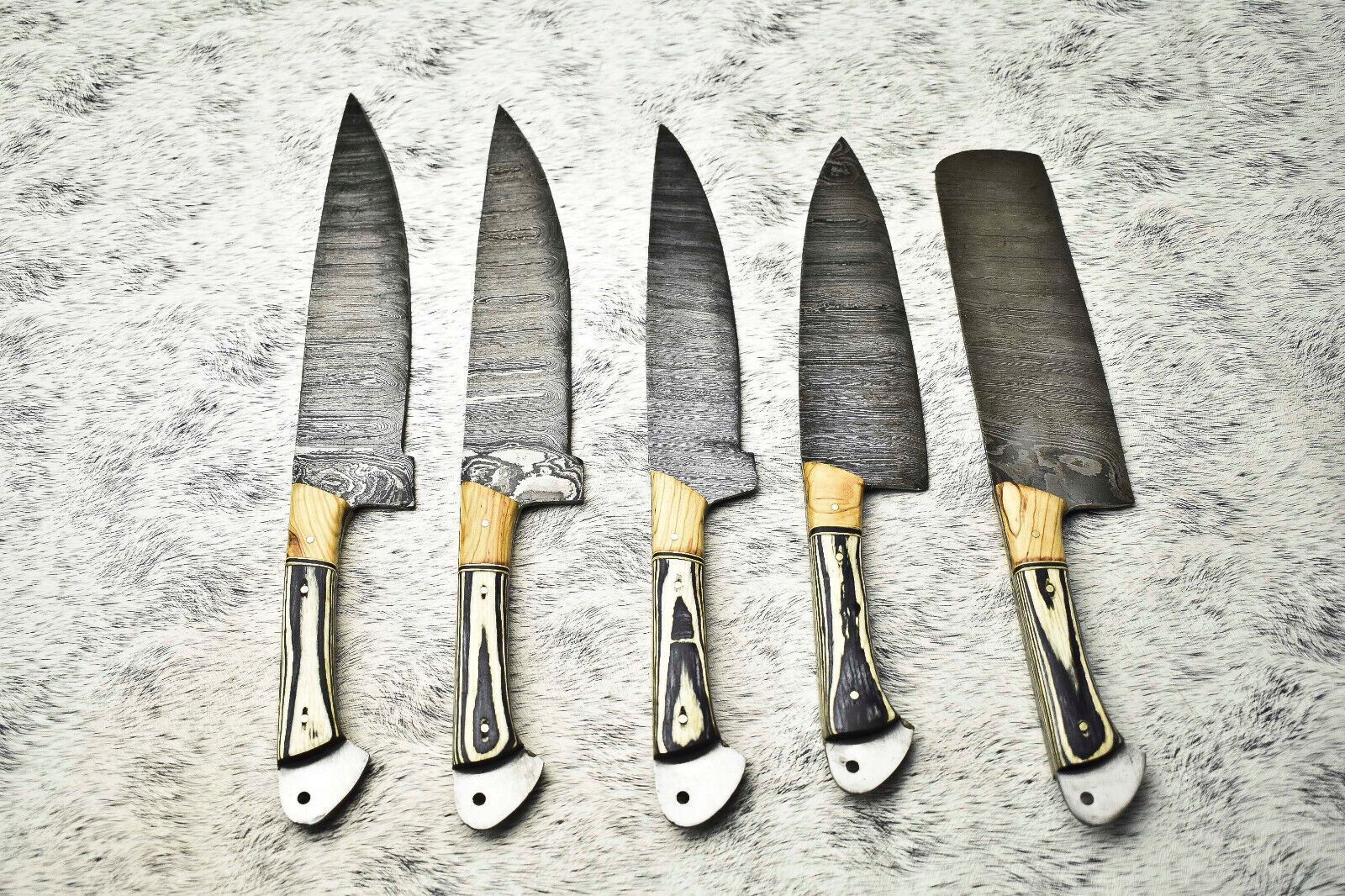 Custom Forged Damascus Chef Knives | 5-Piece Handmade Full Tang Set