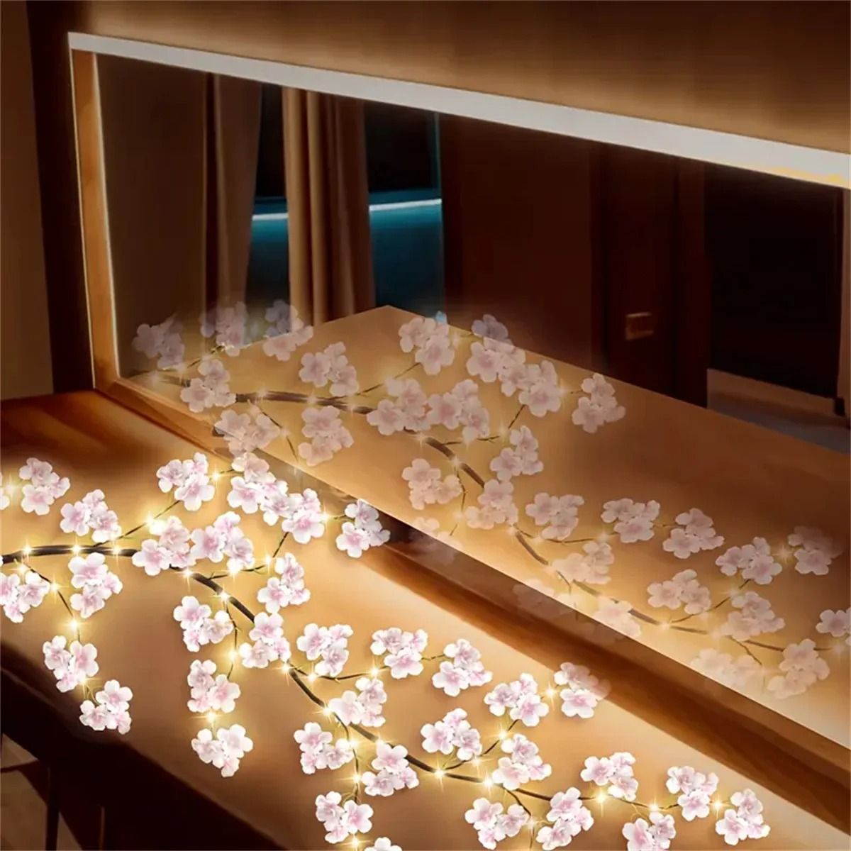 Cherry Blossom USB Tree Branch Rattan Lights with 96 LED Pink Blossoms and 8 Lighting Modes