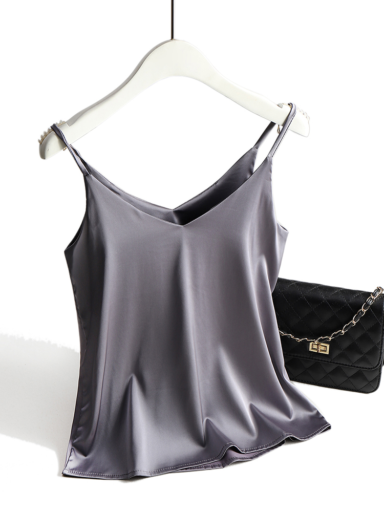 Women's Satin Silk Tank, Strap Top Halter V Neck, Basic White Cami, Sleeveless Summer Camisole Top
