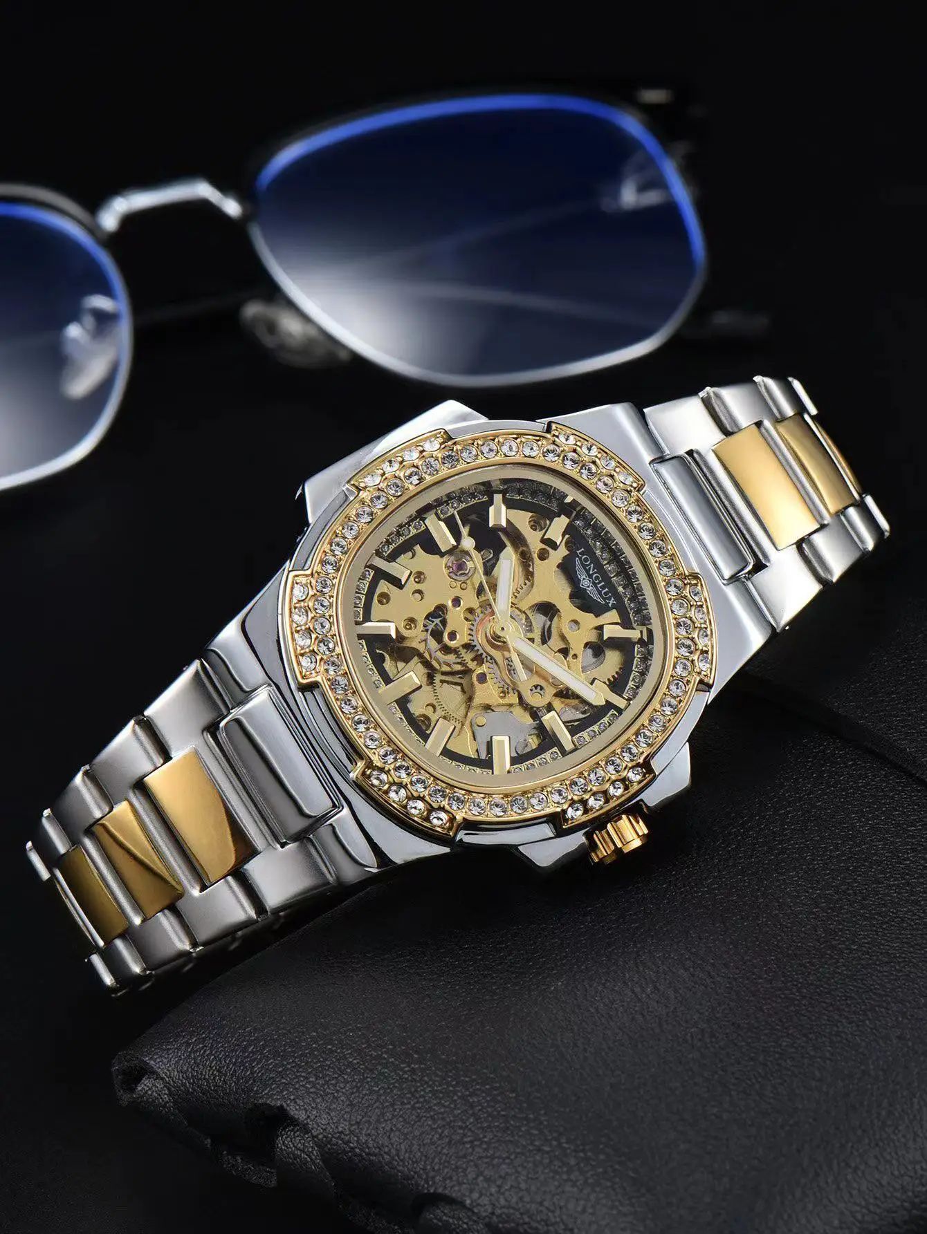 LONGLUX Luxury Skeleton Automatic Men's Diamond Stainless Steel Watch