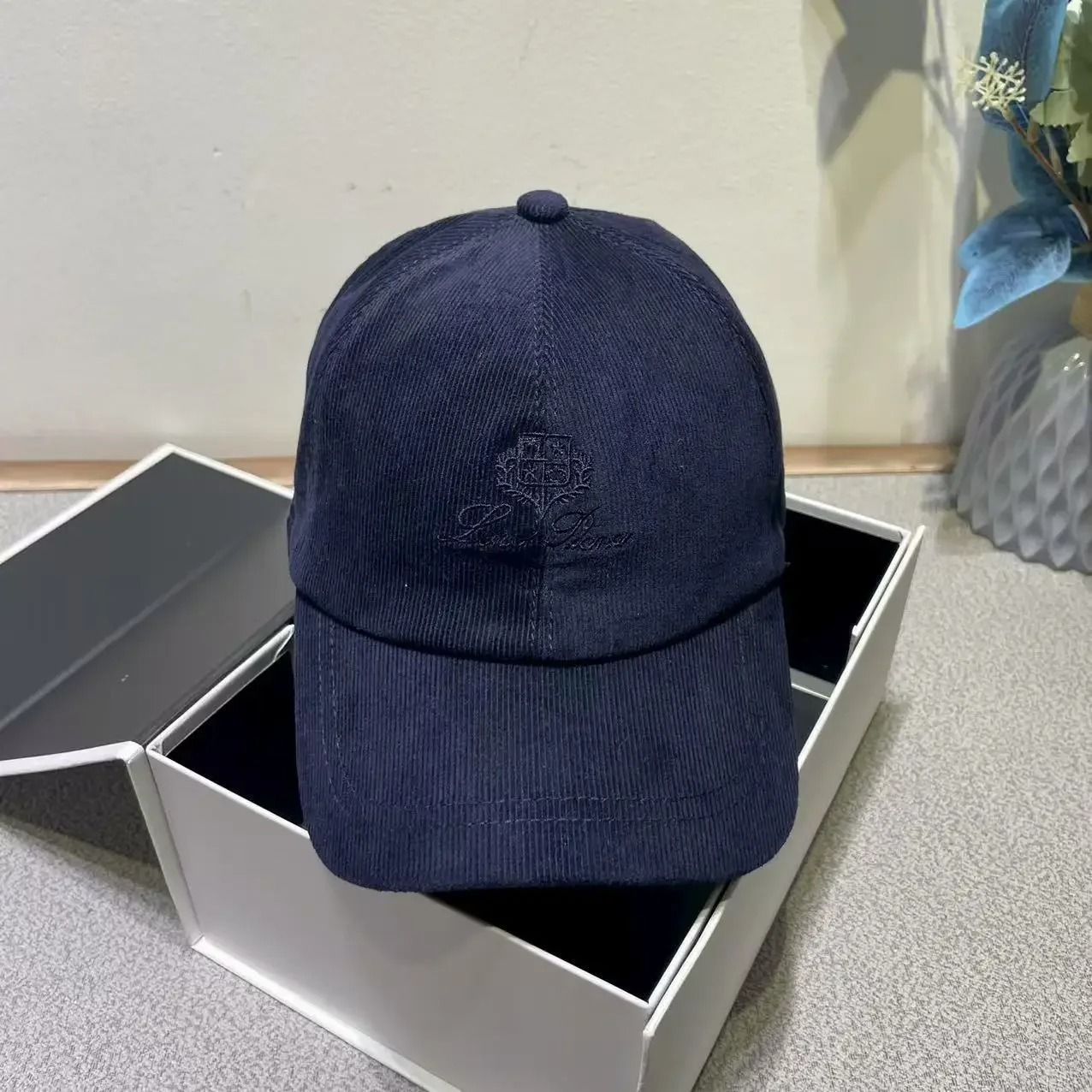 Ribbed Velvet Embroidered Letter Baseball Cap with Adjustable Velcro Fit