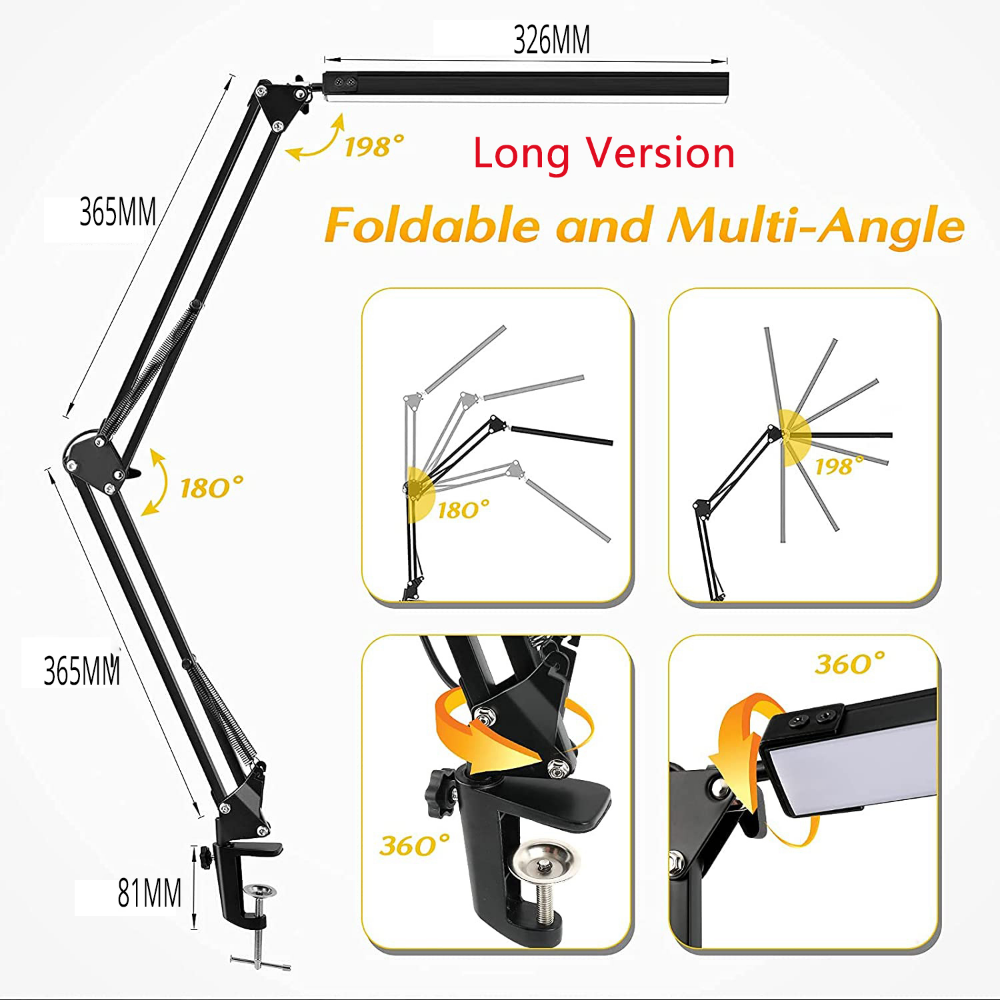 Eye-Caring Dimmable Desk Light, LED Desk Lamp with Clamp Swing Arm, Brightness Levels, USB Charging Modes