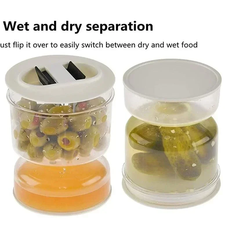 Pickle Jar with Sealed Lid Wet and Dry Separation Flip Container and Strainer Hourglass Design for Olives