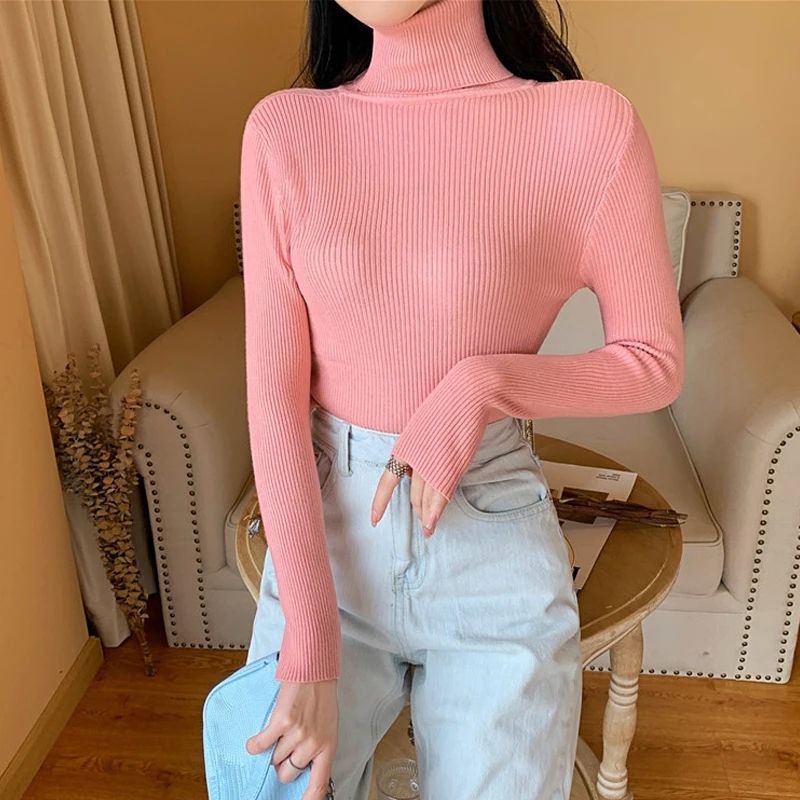 Autumn Winter Women's Ribbed Turtleneck Knit Sweater – Slim Fit Soft Warm Pullover
