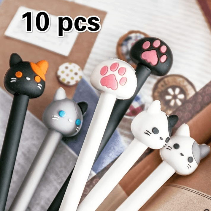 10-Piece Kawaii Cat Gel Ink Pen Set – Cute Black Ink Stationery for School & Office