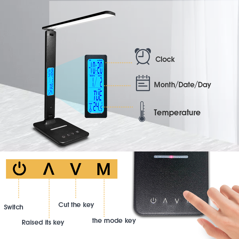 Wireless Charging LED Desk Lamp, Calendar Temperature Display, Eye Protect Study Light, Alarm Clock Table Lamp