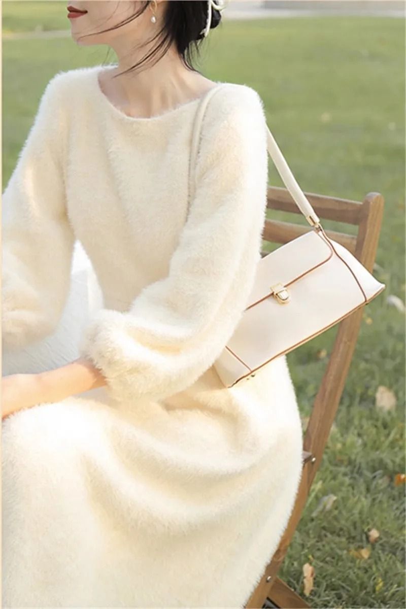 Womens Plush White Sweater Dress Long Sleeve Elegant Winter Knit Dress
