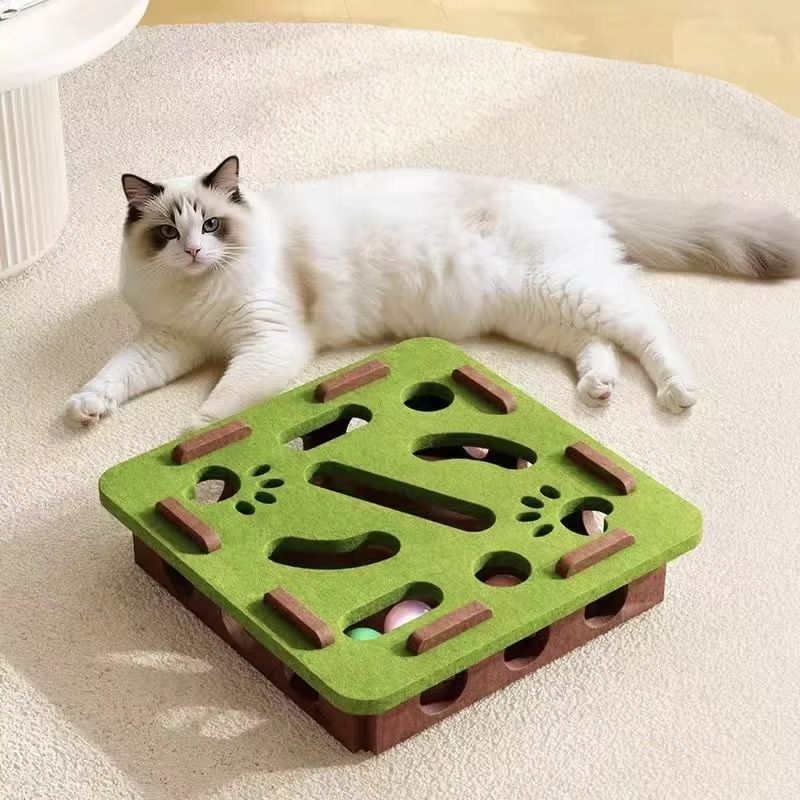 Pet Cat Puzzle Maze Holes Toys, Felt Box with Bell Ball, Interactive Funny Combination Set for Kitten Playing, DIY Cat