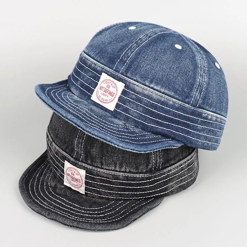 Vintage Short Brim Denim Baseball Cap – Adjustable Unisex Streetwear Snapback