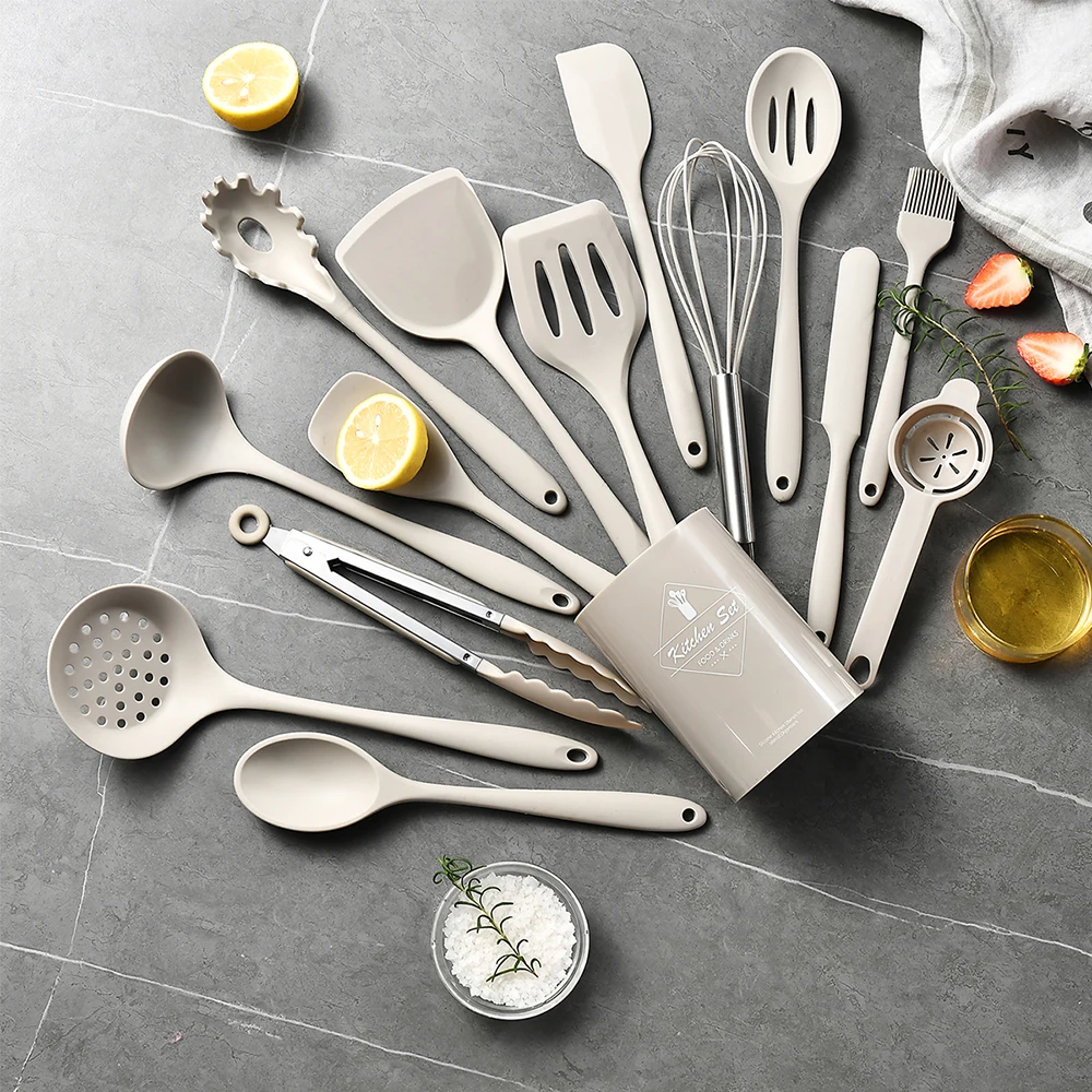 Silicone Kitchenware Set, Khaki Turner Spatula, Soup Spoon & Cooking Tools, Food Grade Utensils for Cooking and Serving