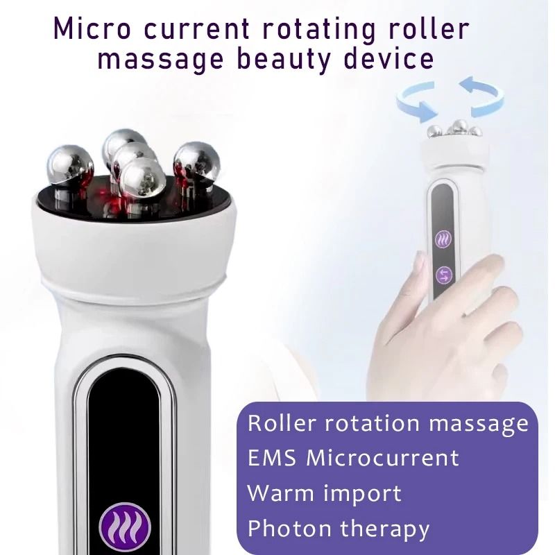 Facial Microcurrent Heating Beauty Roller With EMS RF and LED Light Therapy