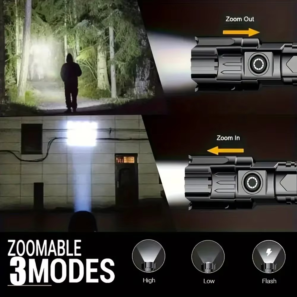 Rechargeable LED Flashlight with Zoomable Focus Waterproof, High Power Handheld Torch for Outdoor Adventures