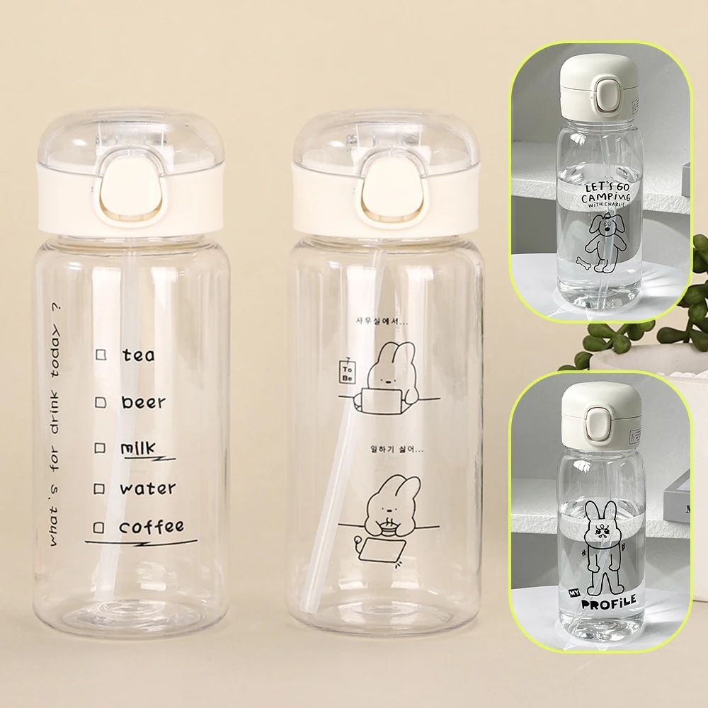 600ml Leakproof Bounce-Straw Water Bottle with One-Click Lid, Cartoon Print, Drop-Resistant Sports Travel Cup