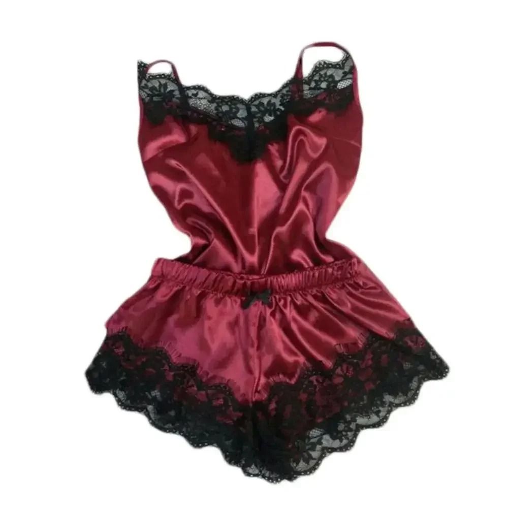 Womens Lace Satin Pajama Set with V Neck Top and Shorts