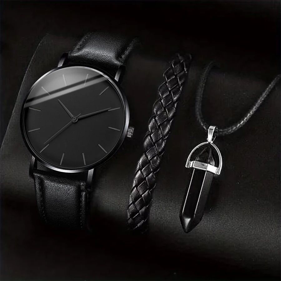 Mens Business Leather Watch Necklace Bracelet Set