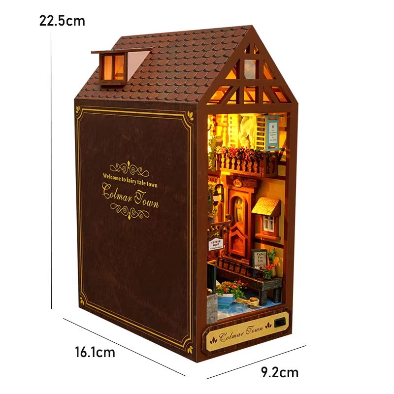 DIY Book Nook Kit Wooden Dollhouse Building Set LED Bookshelf Insert Miniature House Bookend