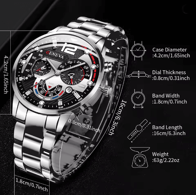 Mens Stainless Steel Quartz Watch Classic Analog Calendar