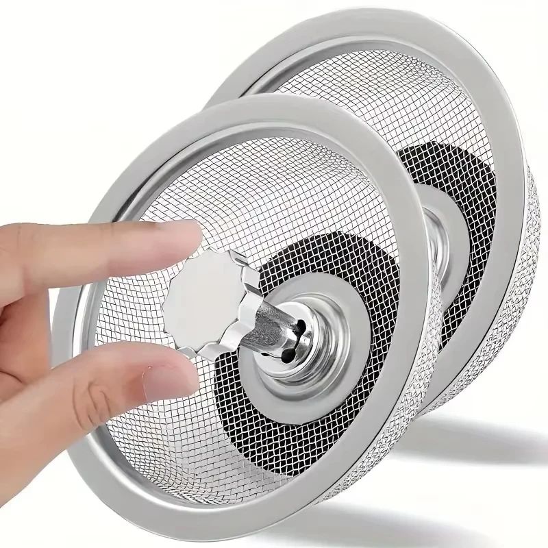 Stainless Steel Kitchen Sink Strainer With Handle and Lid, Stopper Drain Basket Mesh Filter Anti-Clog Splash Guard Waste