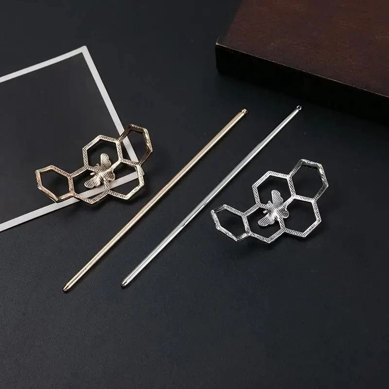 Vintage Geometric Bee Hair Pins Hollow Metal Hair Sticks for Chignon and Buns