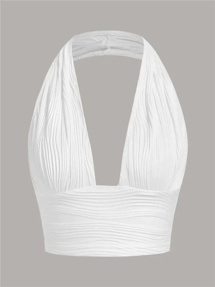 Backless Solid White Crop Halter Top for Women, Deep V-neck Sleeveless Tank, Summer Club Streetwear Fashion