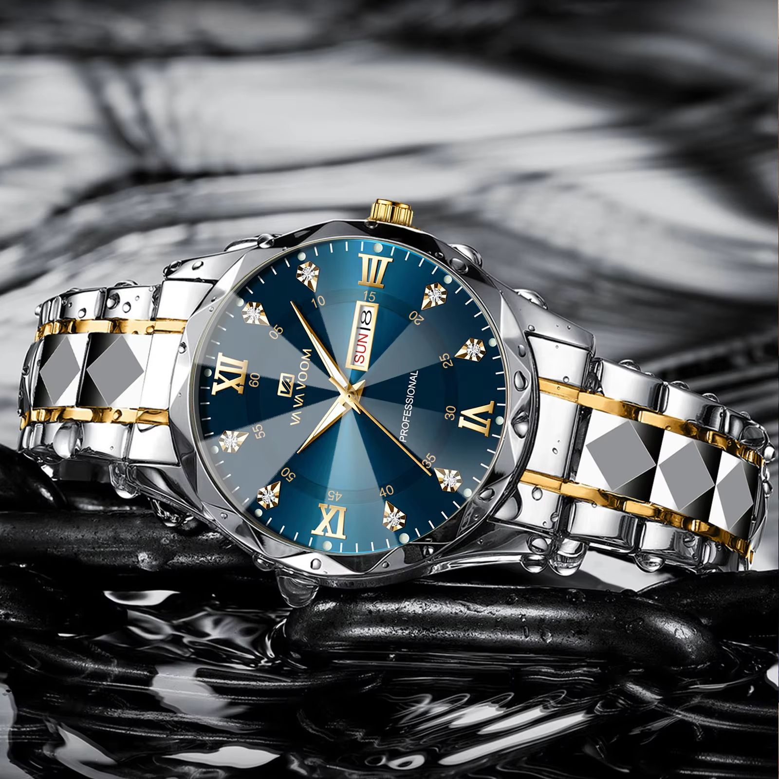 Men's Luxury Stainless Steel Watch – Blue Gold Quartz with Night Glow & Double Calendar