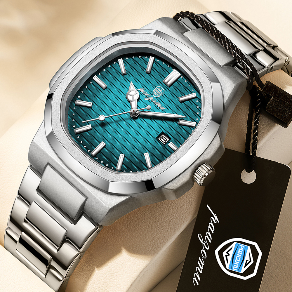 Men Watch Luxury Waterproof, Square Quartz Stainless Steel, Luminous Date Business Male Clock