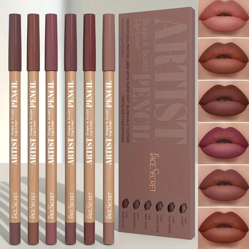 6-Piece Velvet Matte Lip Liner Pencil Set Long-Lasting Waterproof Definition