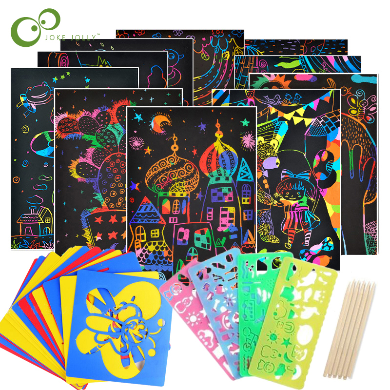 DIY Art Magic Color Rainbow Scratch Card Set with Graffiti Stencil for Kids Painting Craft