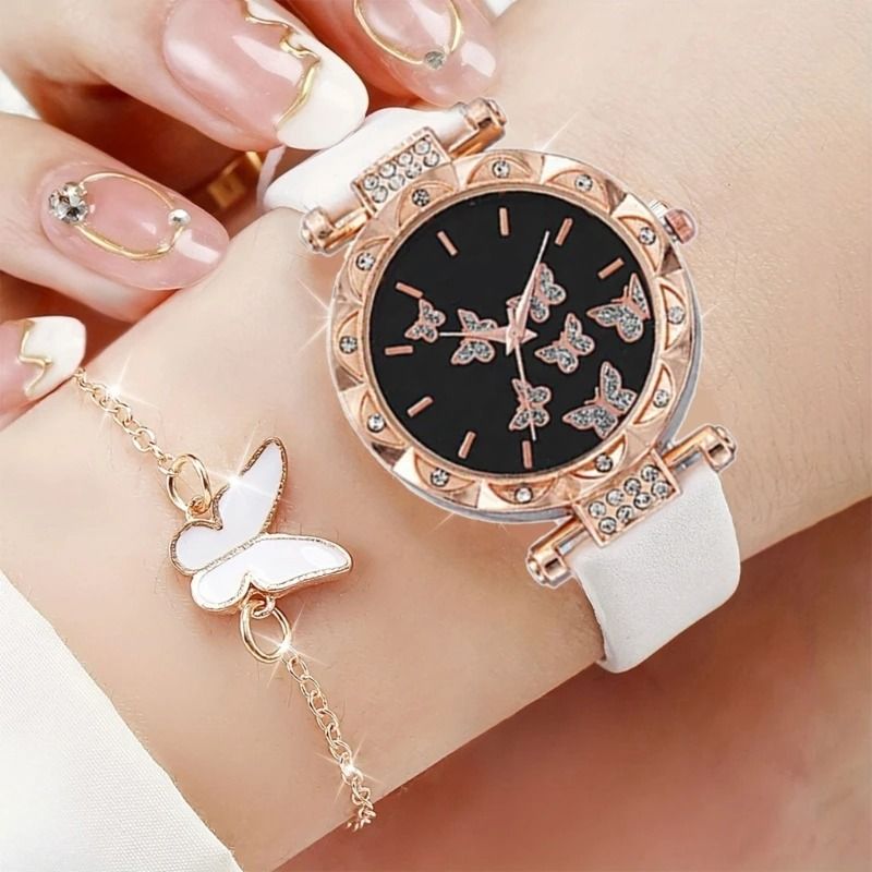 Butterfly Jewelry Set Fashion Women's Quartz Watch, Leather Band, Necklace, Earrings, Bracelet, and Adjustable Ring