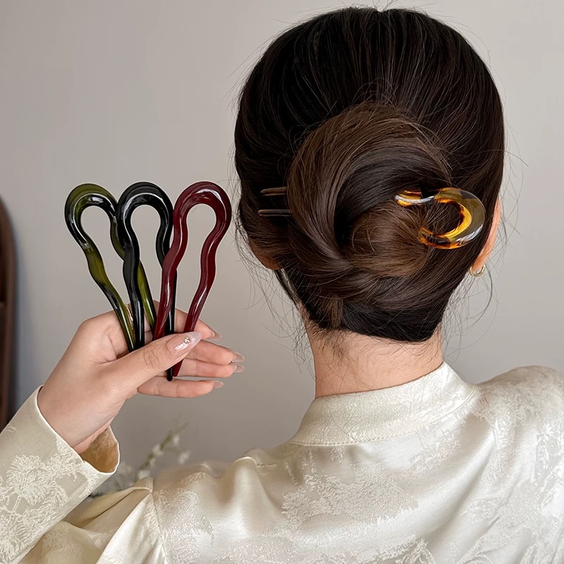 Vintage Green Tortoise U-Shaped Hair Stick for Women – Wavy Plastic Hair Clip Accessory