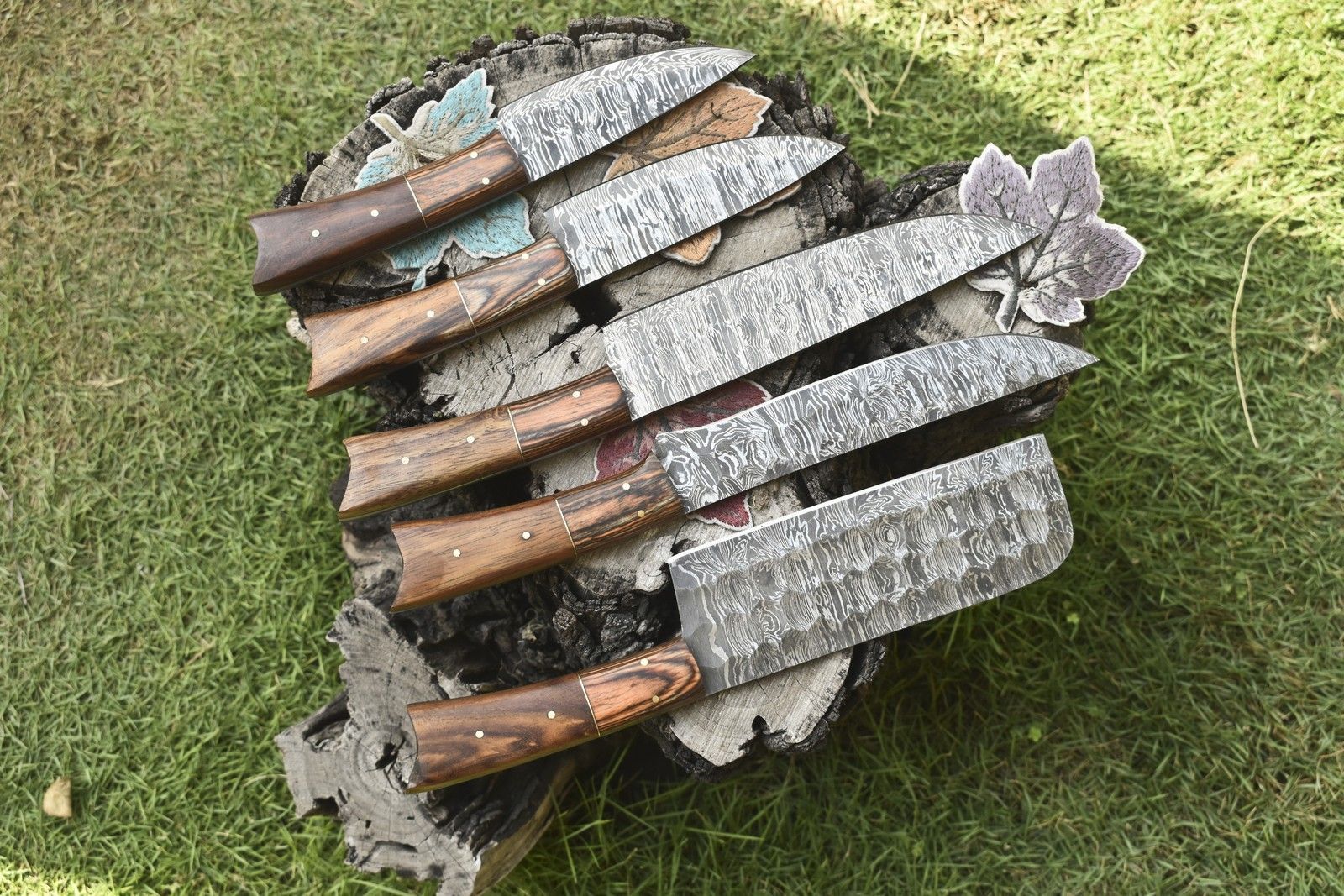 Twist Pattern Damascus Chef Knives | Lot of 5 Handmade Hardwood Handle Set