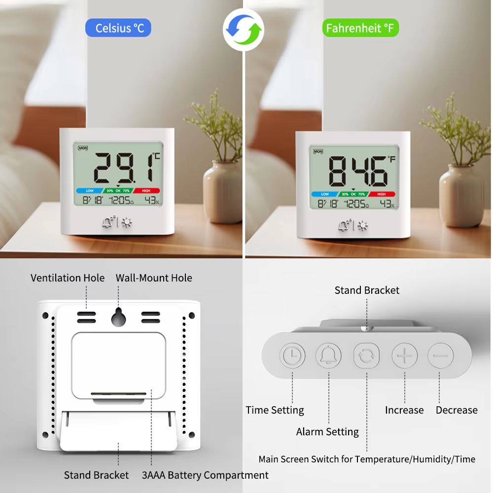 Digital Alarm Clock with Thermometer, Hygrometer, Backlight, Date and Week Display