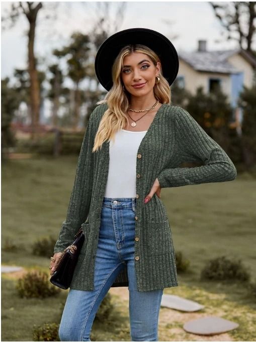 Women Long Sleeve Button V Neck Casual Cardigan Jacket