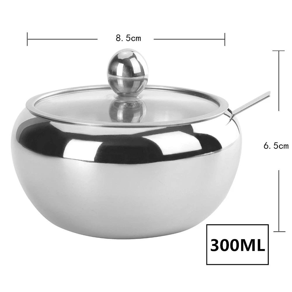 Large Stainless Steel Sugar Bowl with Lid and Spoon