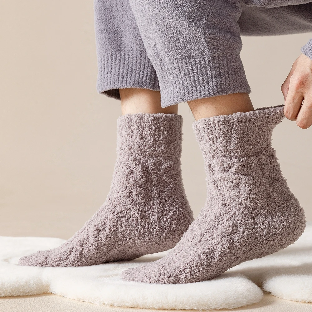 Mens Thick Warm Winter Socks, High-Quality Coral Fleece Thermal Cozy Middle Tube Fluffy Sleeping Socks