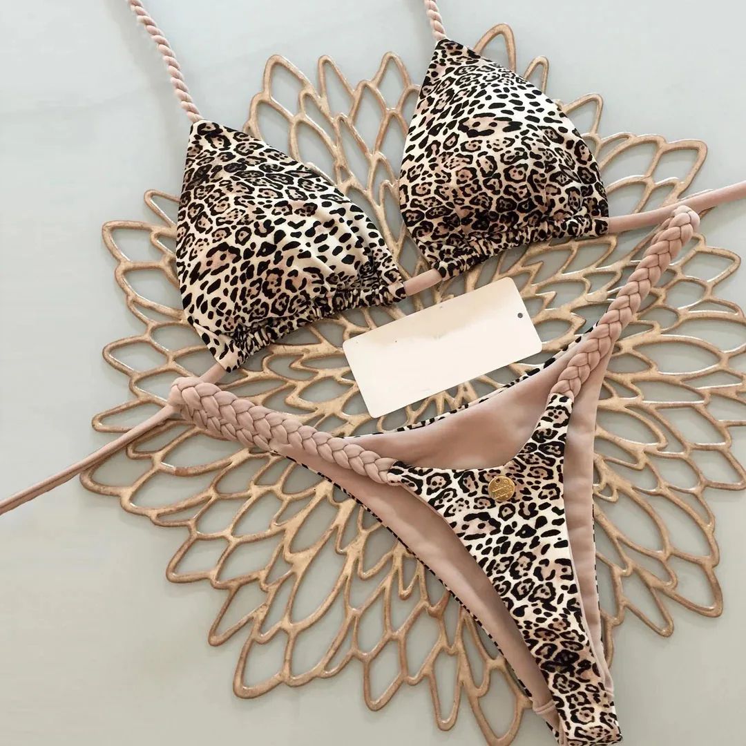 Womens Split Print G-String Bikini Set Sexy Beach Swimwear