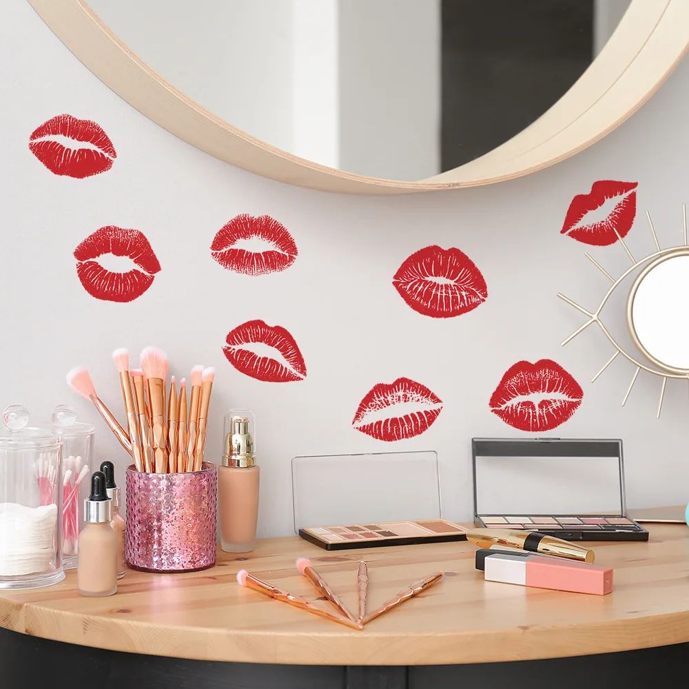Red Lip Print Wall Sticker Bold Self Adhesive Wall Decor for Bedroom Bathroom Living Room