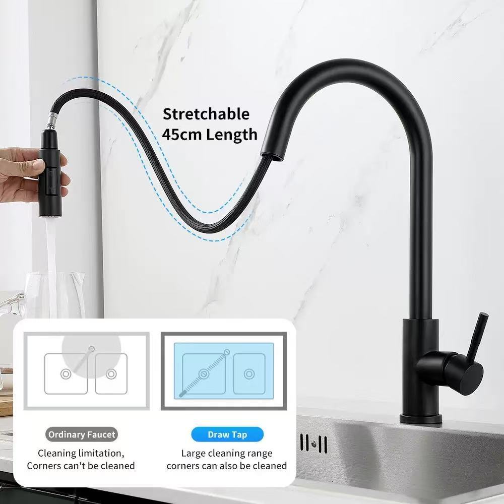 Telescopic Stainless Steel Kitchen Faucet Hot and Cold Pull-out Splash-proof Sink for Household Use Washing Basin Faucet