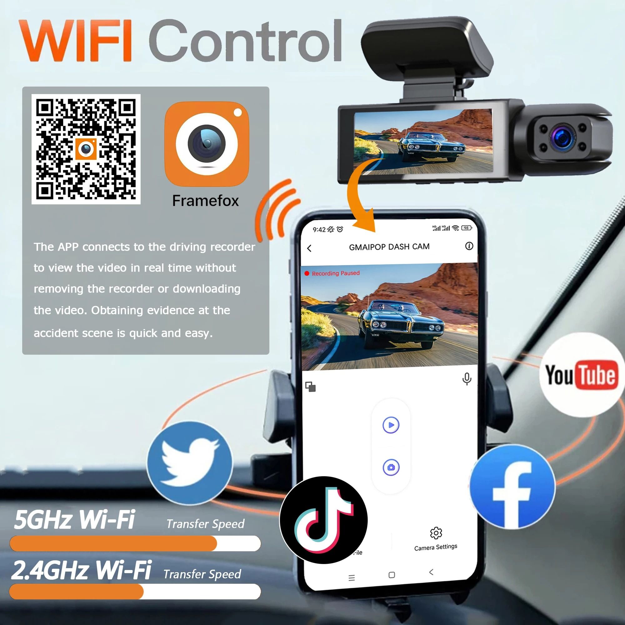 1080P WiFi Dual Dash Cam | Front & Interior Car Camera with IR Night Vision & Loop Recording