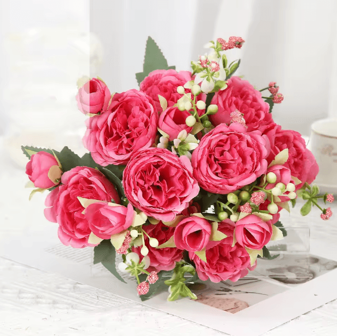 Pink & White Artificial Rose Bouquet – Realistic Silk Flowers for Home & Wedding Decor