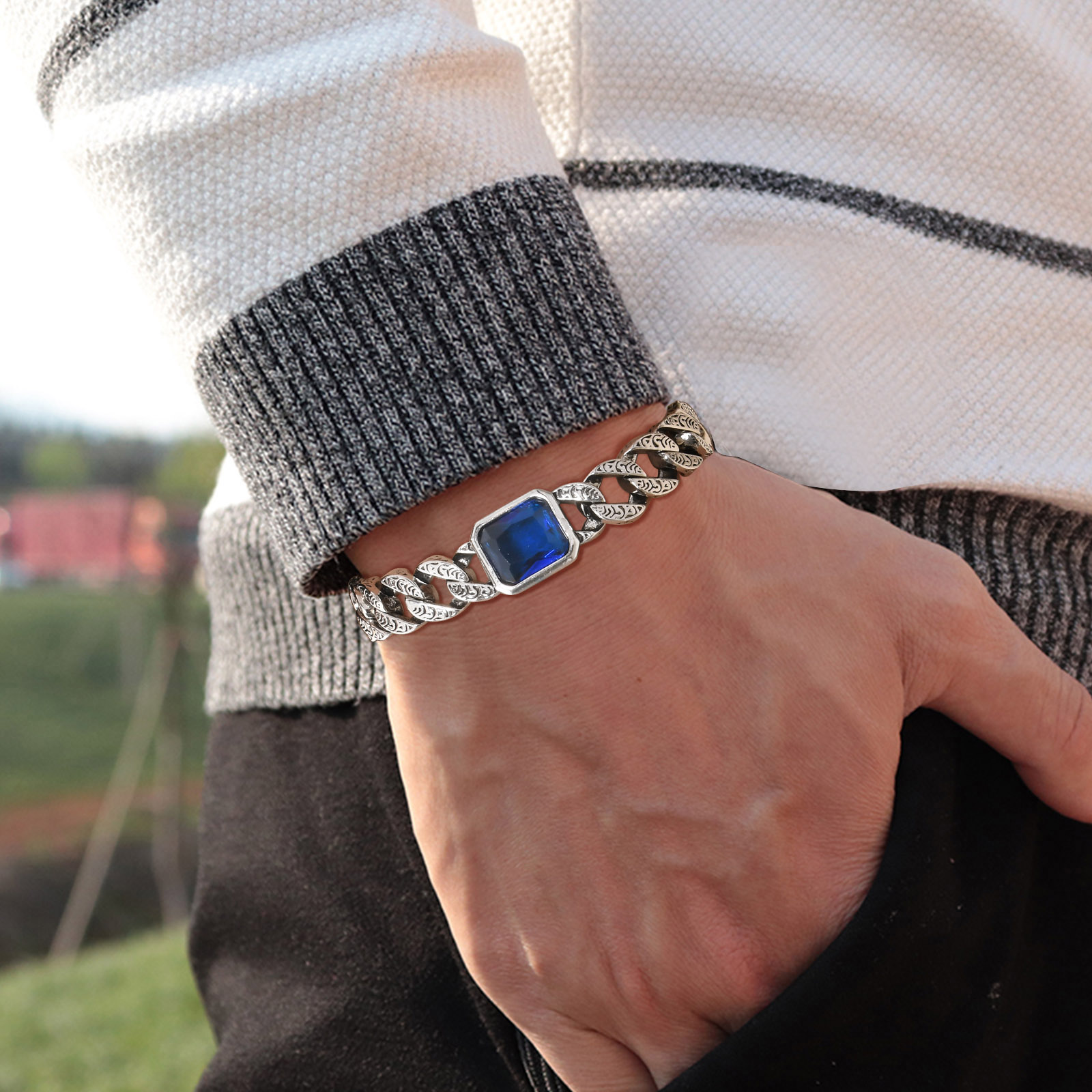 Chunky Cuban Chain Bracelet for Men Stainless Steel Cuban Link Wristband with Blue Stone
