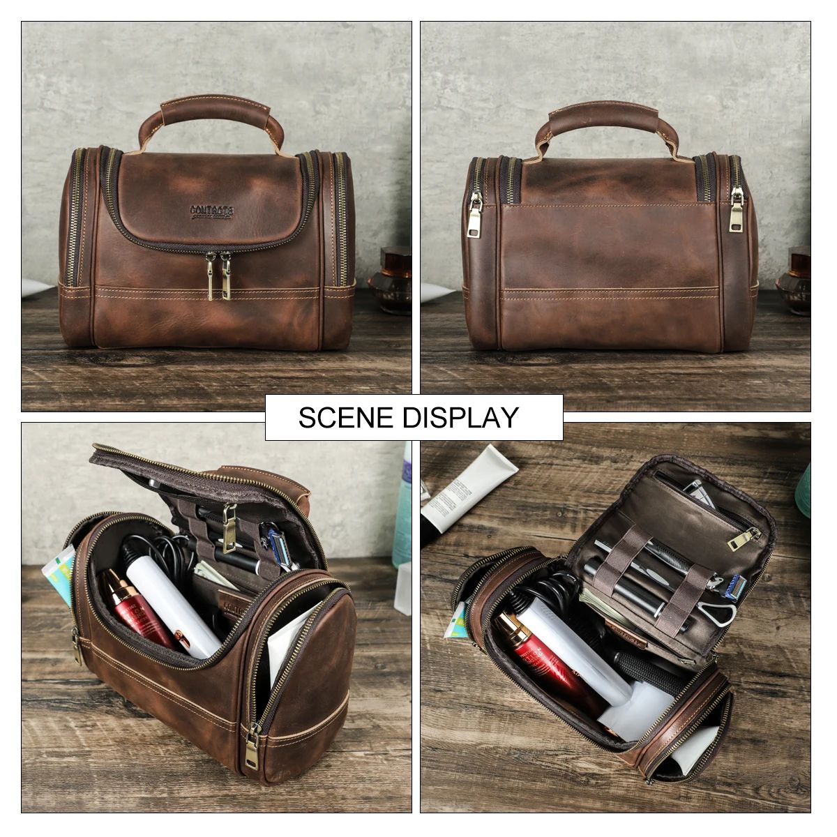 Contacts Crazy Horse Leather Toiletry Bag for Men - Vintage Leather Travel Dopp Kit Organizer