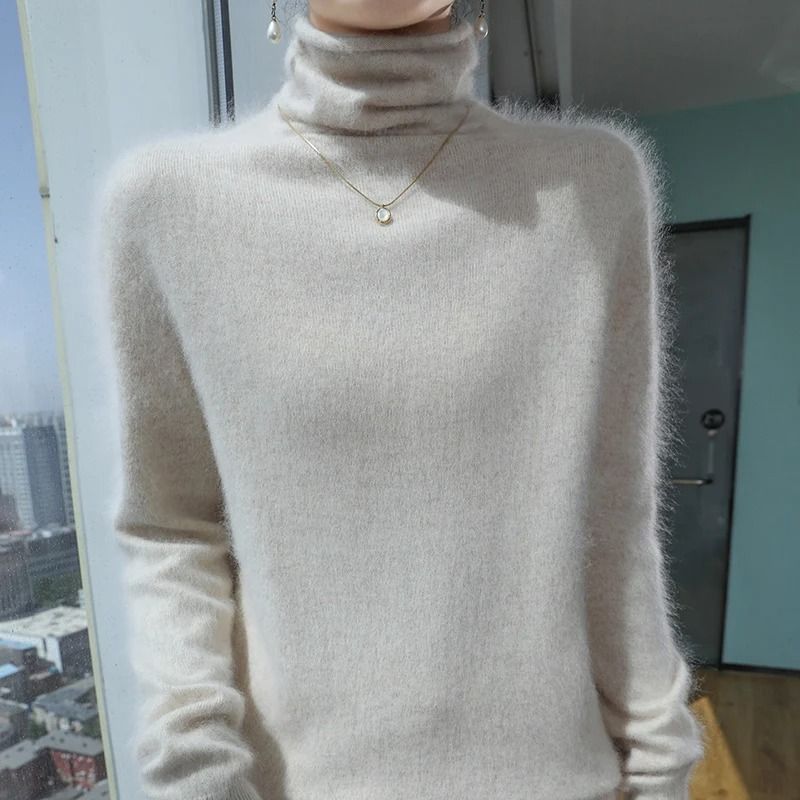 Womens Pure Mink Cashmere Sweater Slim Fit Pullover with Pile Collar Knitted Winter Top