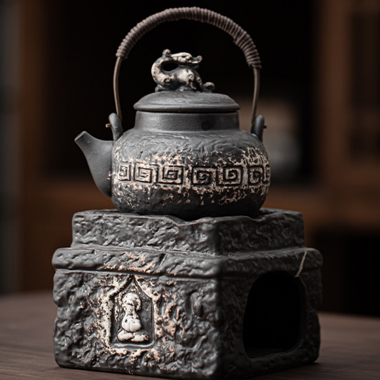 Buddha Tea Warmer Holder, Handmade Wabi Sabi Black Pottery, Kettle Stand, Carbon Furnace Tea Set, Candle Heater