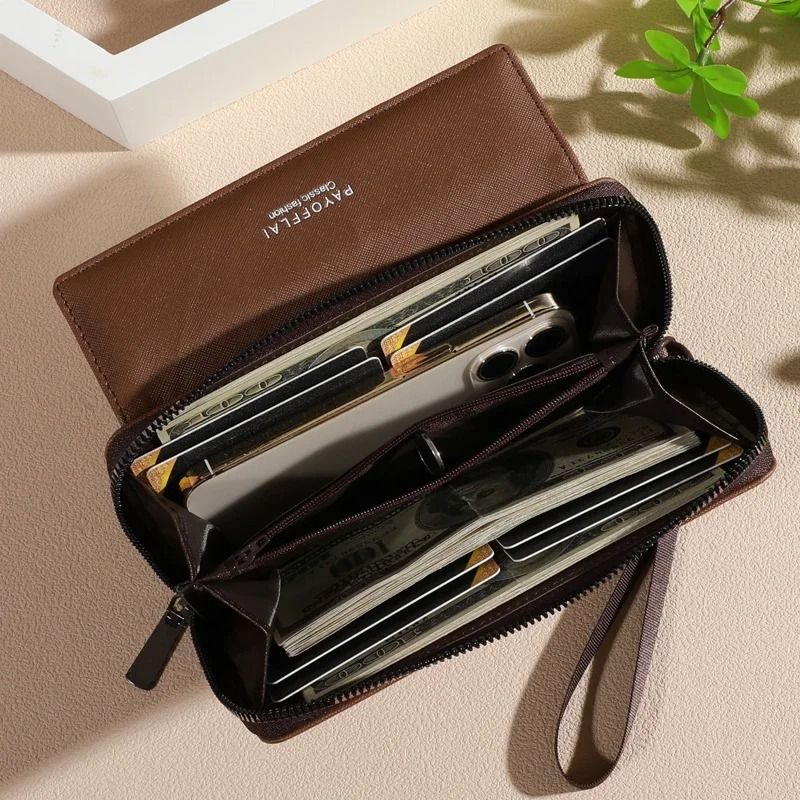 Mens Classic Faux Leather Wallet with Double Layers and Zippered Card Holder