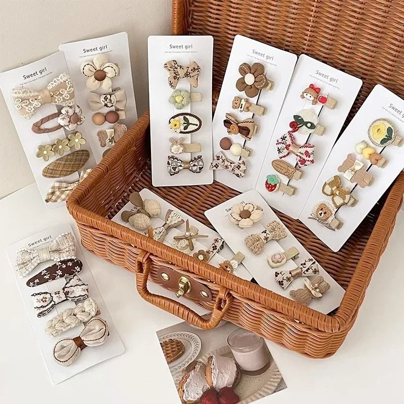 Sweet Kids Plush Hair Clip Set – Kawaii Autumn/Winter Beige & Coffee Bowknot Headwear (5pcs)