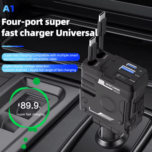 Retractable 4-in-1 Fast Charging Car Charging Cable & Adapter Universal Multi-Device Power Solution