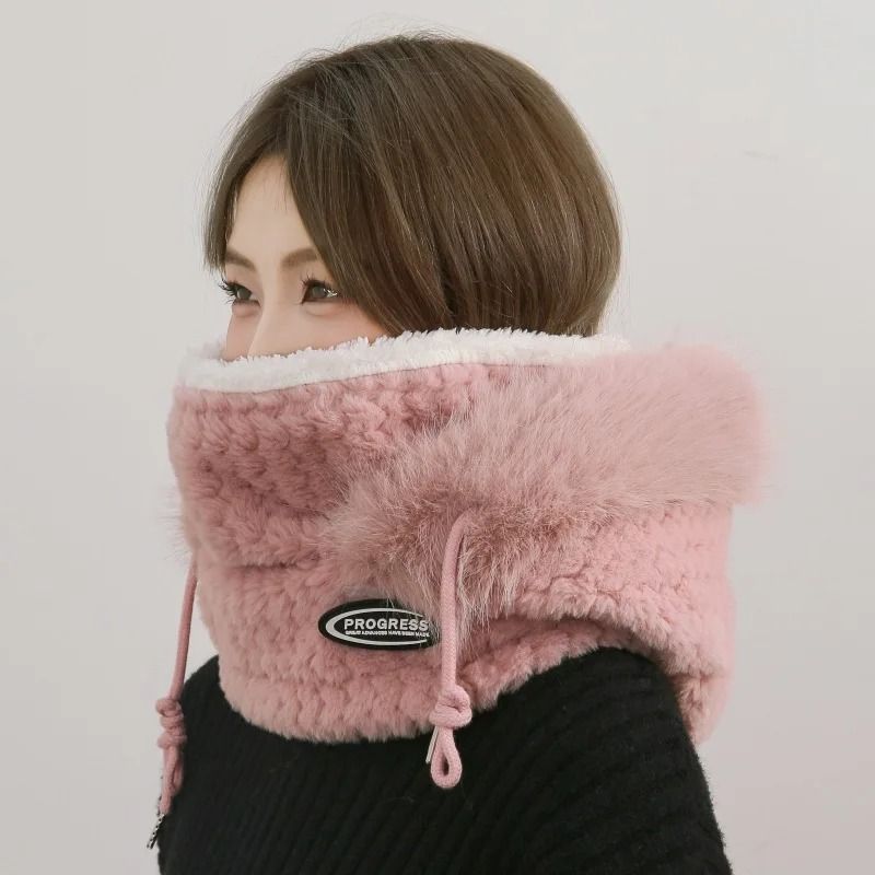 Women Thermal Plush Hood Hat Scarf Mask Set Windproof Winter Wear